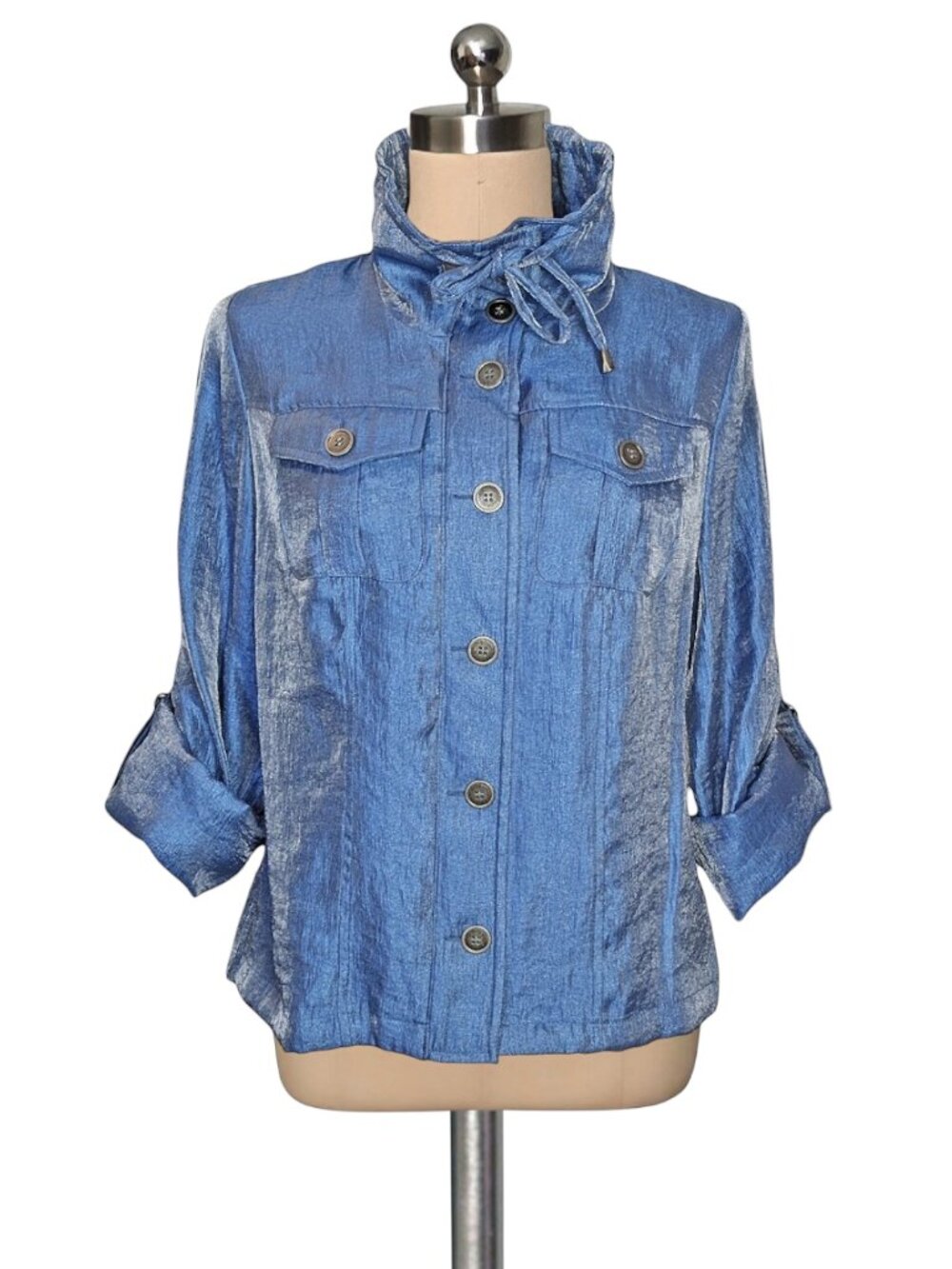 ELEMENTZ Blue Metallic Irridecent Jacket Adjustable Sleeves Petite Small PS